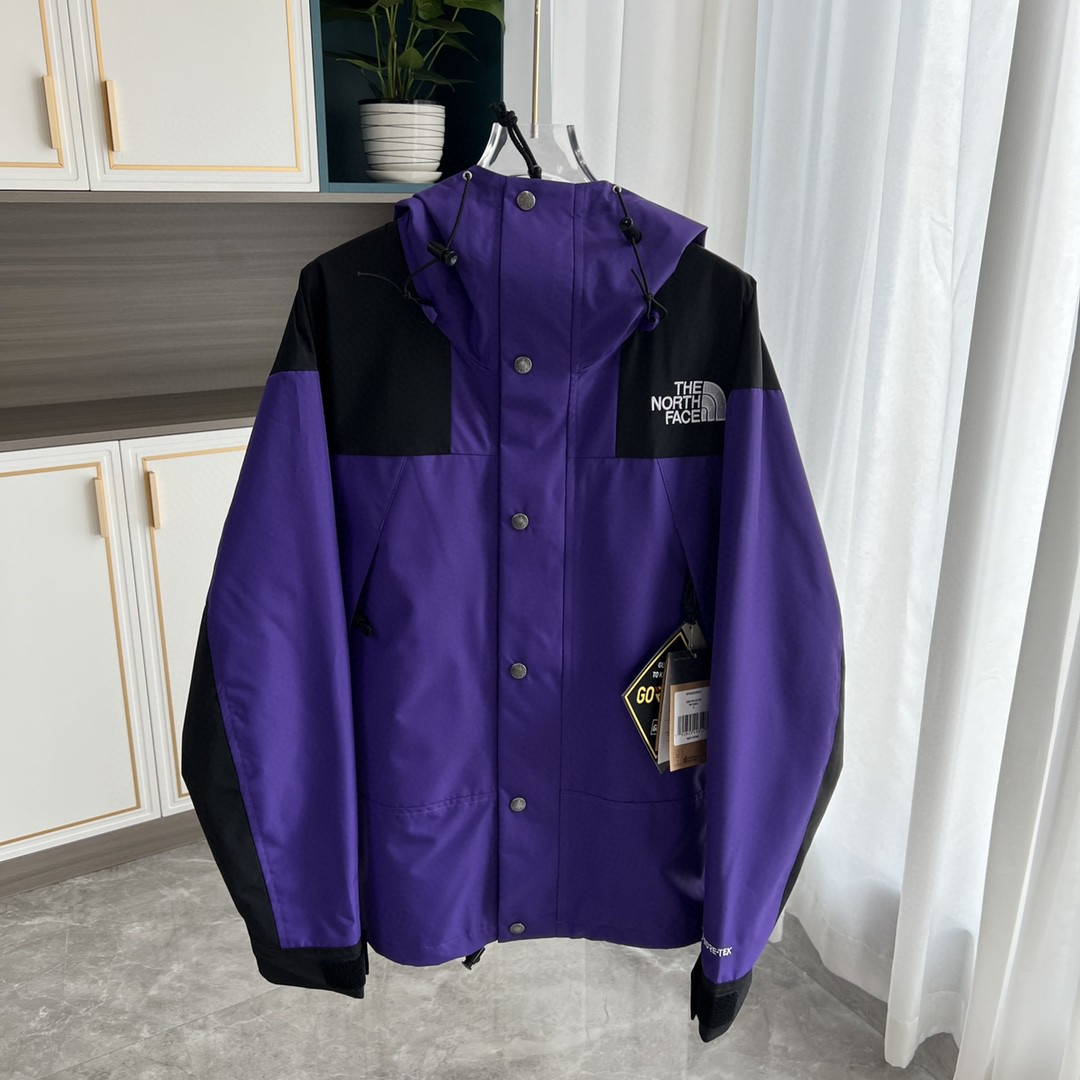 The North Face GORE-TEX Waterproof Hooded Mountain Jacket, Purple and Black Colorblock Outdoor Windbreaker