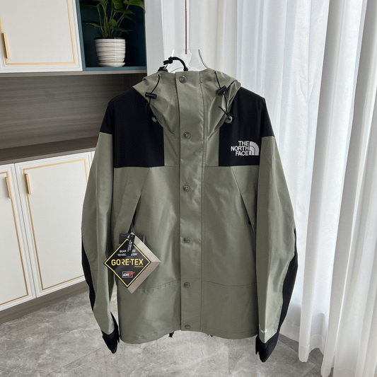 The North Face GORE-TEX Waterproof Hooded Mountain Jacket, Sage Green and Black Colorblock Outdoor Windbreaker