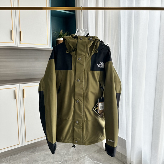 The North Face GORE-TEX Waterproof Hooded Mountain Jacket, Olive Green and Black Colorblock Outdoor Windbreaker
