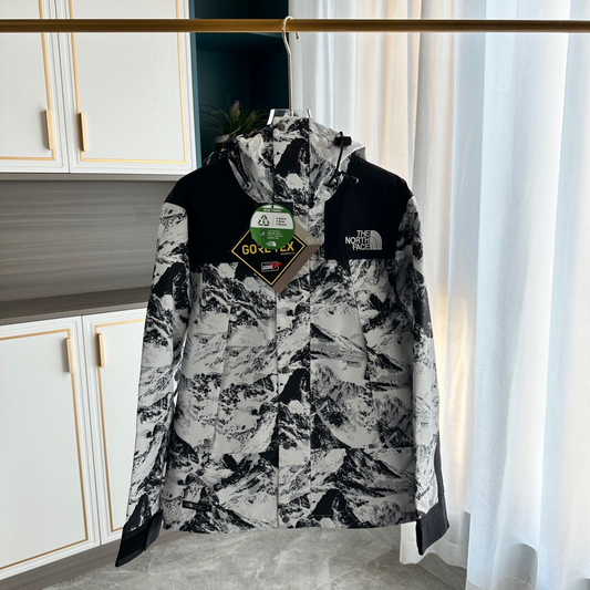 The North Face GORE-TEX Waterproof Hooded Mountain Jacket, Black & White Snow Mountain Print Outdoor Windbreaker