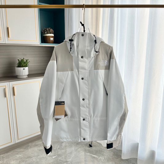 The North Face Hooded Mountain Jacket, White and Light Beige Colorblock Outdoor Windbreaker