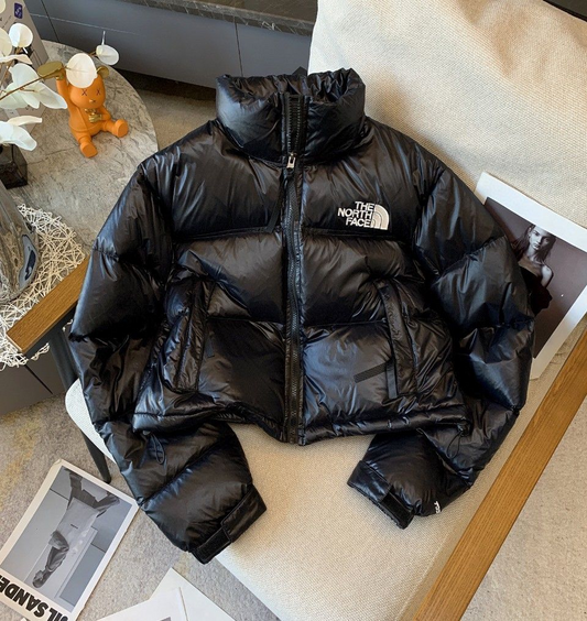 The North Face Cropped Puffer Down Jacket, Glossy Black Quilted Stand Collar Winter Coat with Embroidered Logo