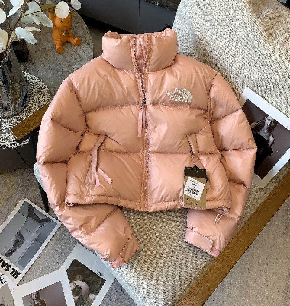 The North Face Cropped Puffer Down Jacket, Light Pink Quilted Stand Collar Winter Coat with Embroidered Logo