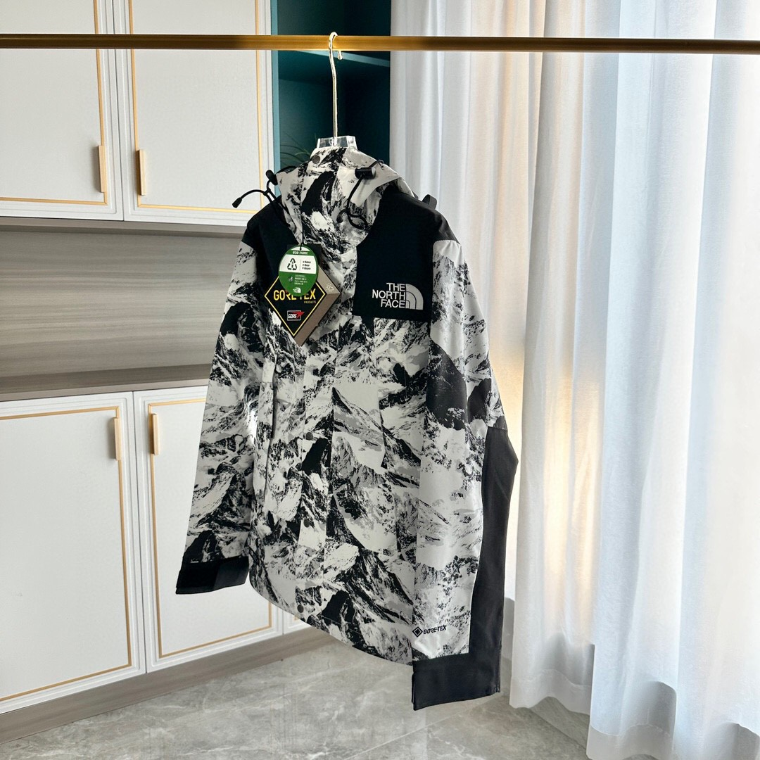 The North Face GORE-TEX Waterproof Hooded Mountain Jacket, Black & White Snow Mountain Print Outdoor Windbreaker
