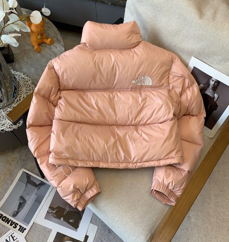 The North Face Cropped Puffer Down Jacket, Light Pink Quilted Stand Collar Winter Coat with Embroidered Logo