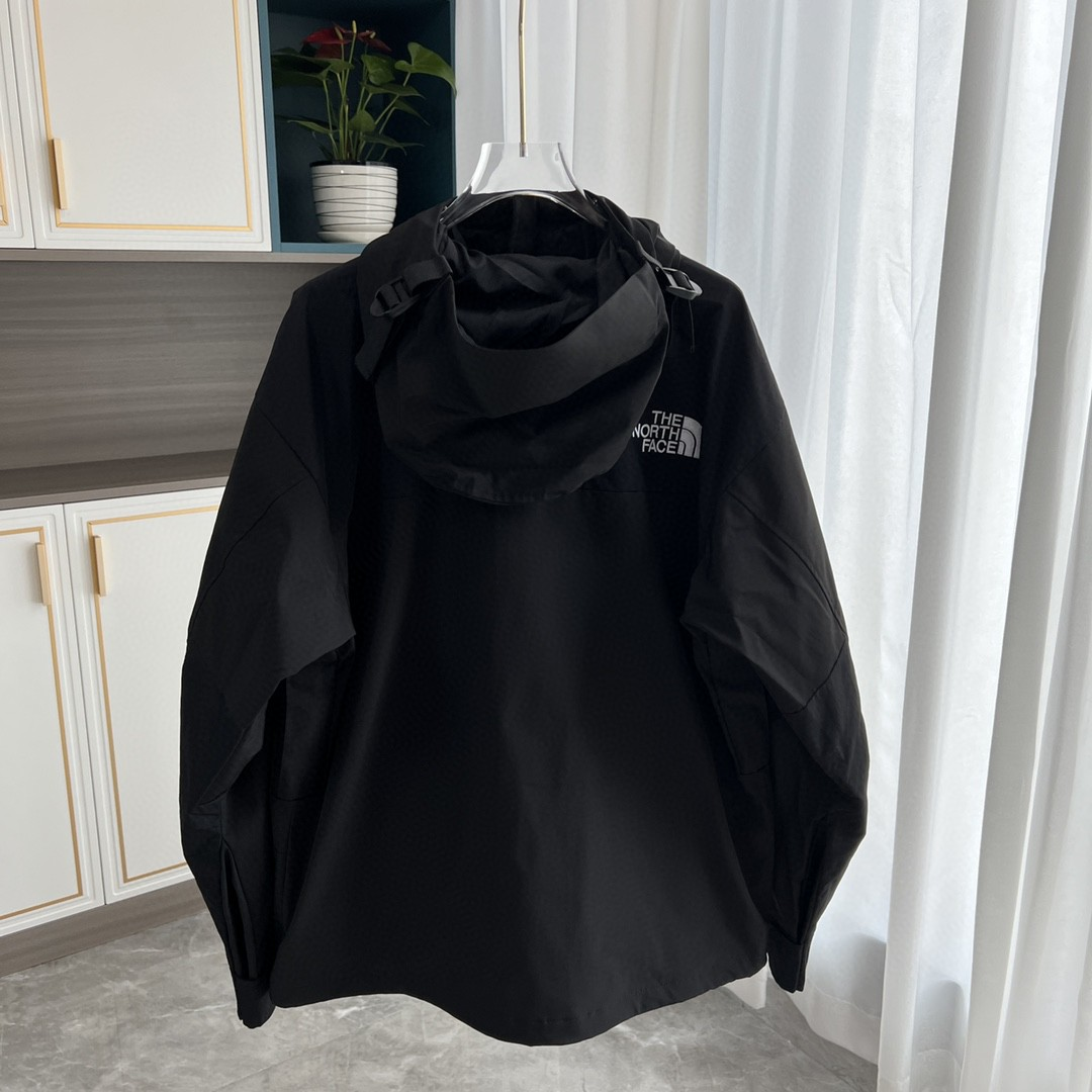 The North Face GORE-TEX Waterproof Hooded Mountain Jacket, All Black Outdoor Windbreaker with Embroidered Logo