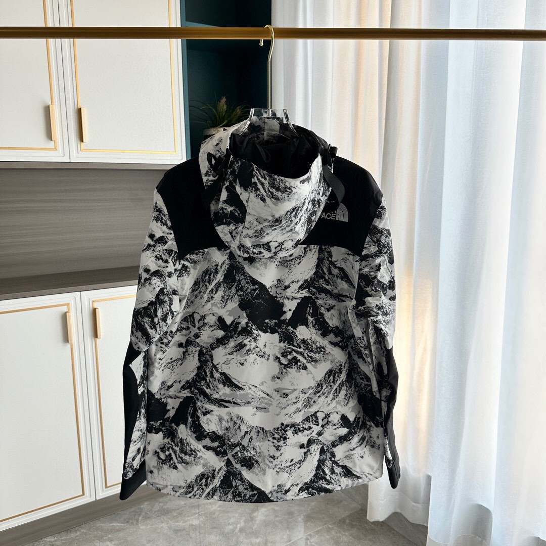 The North Face GORE-TEX Waterproof Hooded Mountain Jacket, Black & White Snow Mountain Print Outdoor Windbreaker
