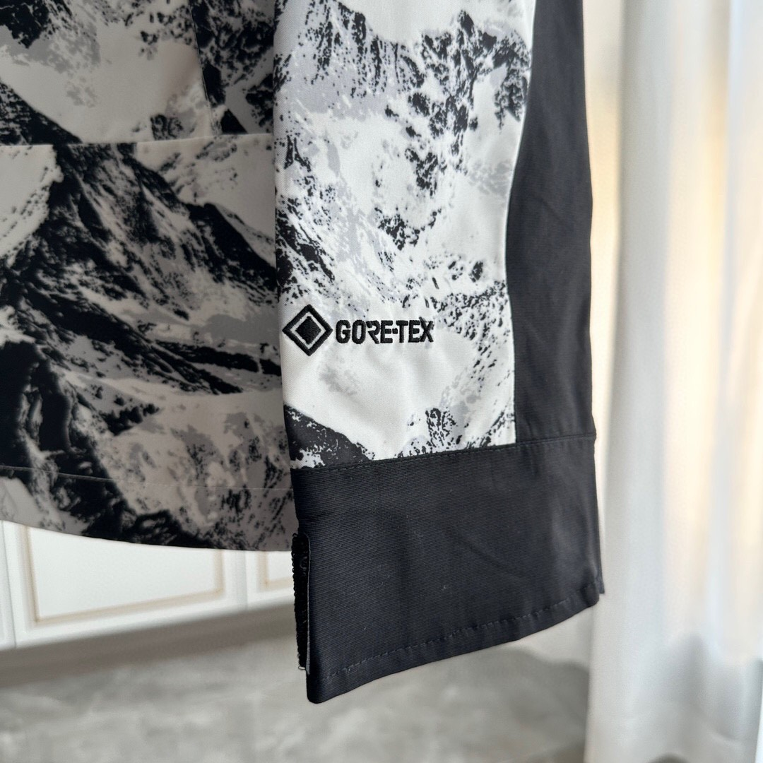 The North Face GORE-TEX Waterproof Hooded Mountain Jacket, Black & White Snow Mountain Print Outdoor Windbreaker