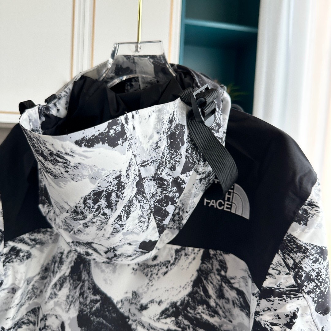 The North Face GORE-TEX Waterproof Hooded Mountain Jacket, Black & White Snow Mountain Print Outdoor Windbreaker