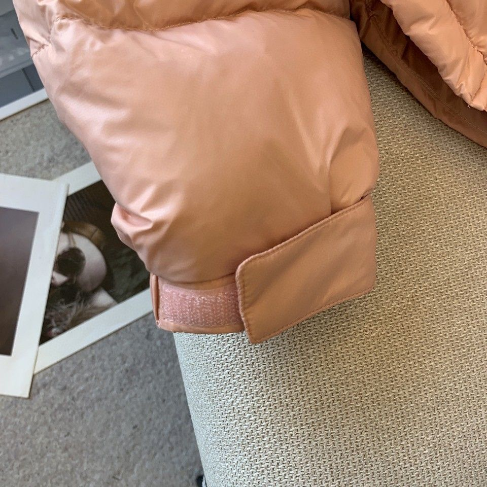 The North Face Cropped Puffer Down Jacket, Light Pink Quilted Stand Collar Winter Coat with Embroidered Logo