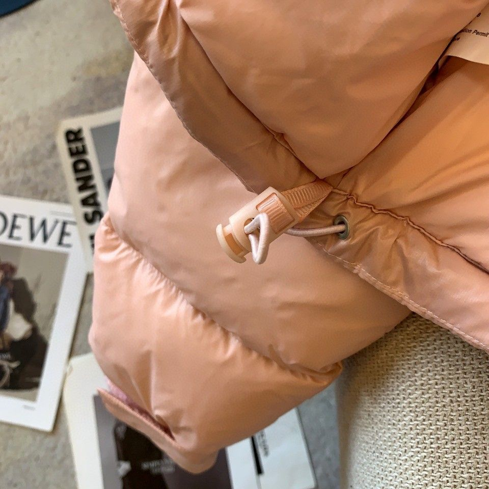 The North Face Cropped Puffer Down Jacket, Light Pink Quilted Stand Collar Winter Coat with Embroidered Logo
